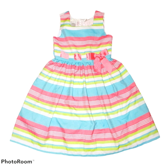 Bonnie Jean Youth Multi-Striped Dress with Ribbon at Waist Above Knee Length 448 - Picture 2 of 7
